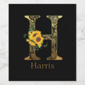 Zwarte en gouden letter H zonnebloemen   Wijn Etiket (Enkel label)