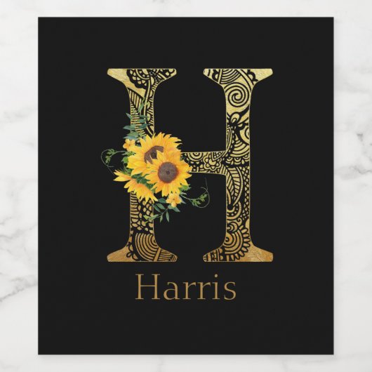 Zwarte en gouden letter H zonnebloemen   Wijn Etiket (Enkel label)