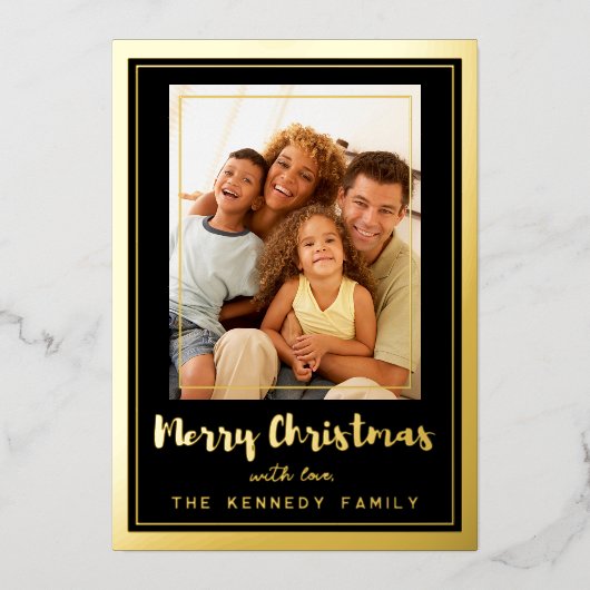 Zwarte en gouden Lijst Vroegere kerstfamilie Foto Folie Feestdagenkaart (Voorkant)