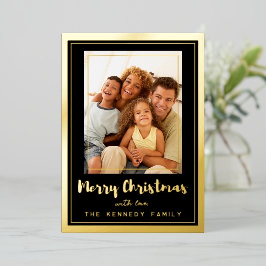 Zwarte en gouden Lijst Vroegere kerstfamilie Foto Folie Feestdagenkaart (Staand Voorkant)