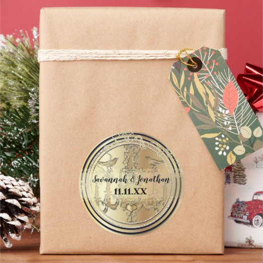 Zwarte en gouden  luchters liefdesbruiloft ronde sticker (Feestdagen)