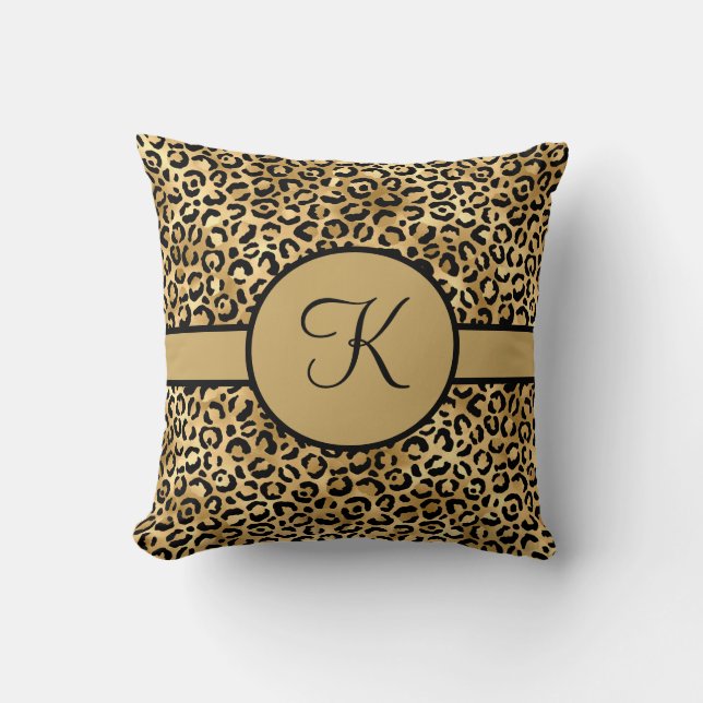 Zwarte en gouden luipaardprint met monogram kussen (Voorkant)