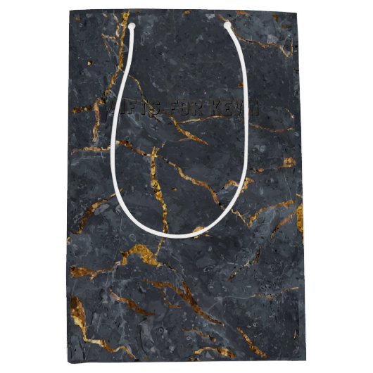 Zwarte en gouden luxe marmertextuur medium cadeauzakje (Voorkant)