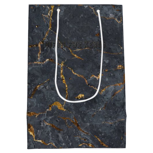 Zwarte en gouden luxe marmertextuur medium cadeauzakje (Achterkant)