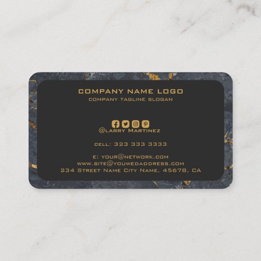 Zwarte en gouden luxe marmertextuur visitekaartje (Achterkant)