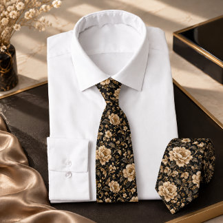 Zwarte en gouden luxe naadloze vintage bloempatroo stropdas