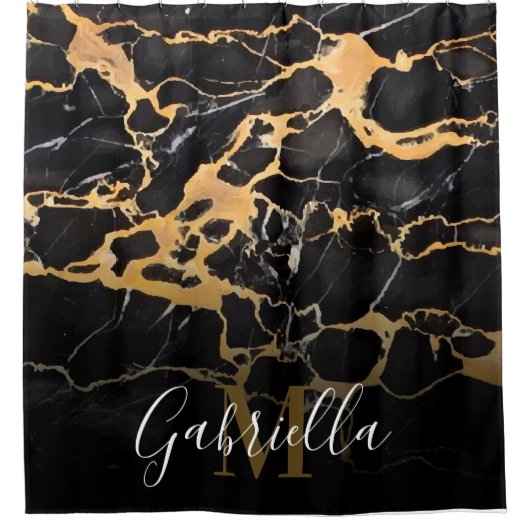 Zwarte en gouden marmer douchegordijn (Voorkant)