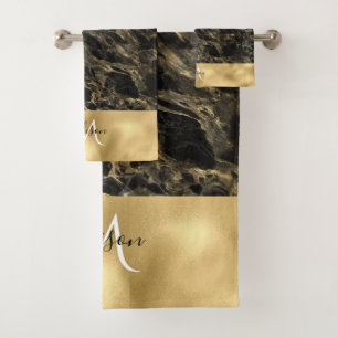 Zwarte en Gouden Marmer Monogram Douchegordijn Bad Handdoek