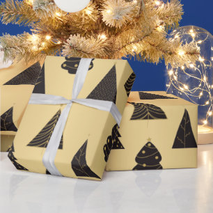 Zwarte en gouden minimalistische kerstbomen, goud cadeaupapier