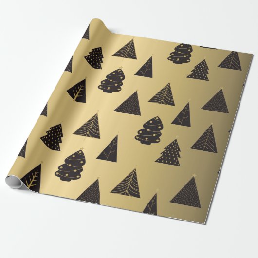 Zwarte en gouden minimalistische kerstbomen, goud cadeaupapier (Uitgerold)