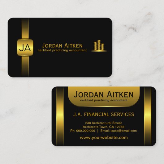 Zwarte en Gouden Munten Horizontale CPA Accountant Visitekaartje (Voorkant / Achterkant)