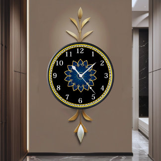 Zwarte en Gouden Muur Klok met Blauwe Mandala