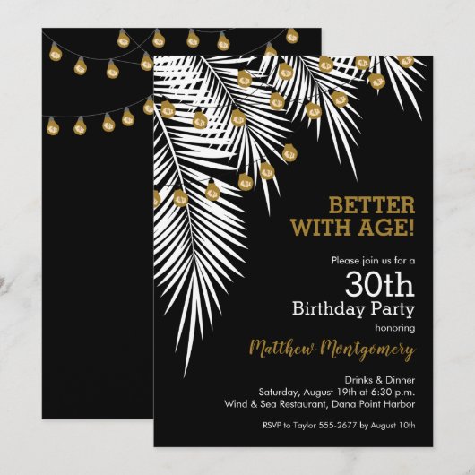 Zwarte en gouden palmbomen verjaardagsfeestje kaart (Voorkant / Achterkant)