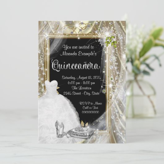 Zwarte en gouden parel Quinceañera Kaart (Staand voorkant)