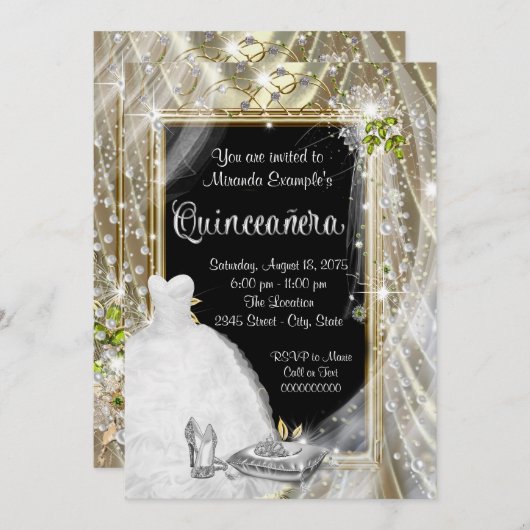 Zwarte en gouden parel Quinceañera Kaart (Voorkant / Achterkant)