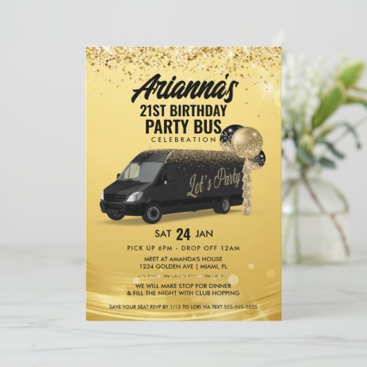 Zwarte en Gouden Party Bus Kaart (Staand voorkant)