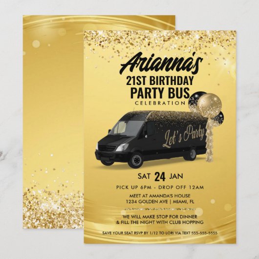 Zwarte en Gouden Party Bus Kaart (Voorkant / Achterkant)