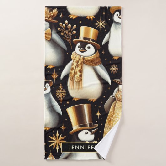 Zwarte en gouden pinguïn badhanddoek (Badhanddoek)