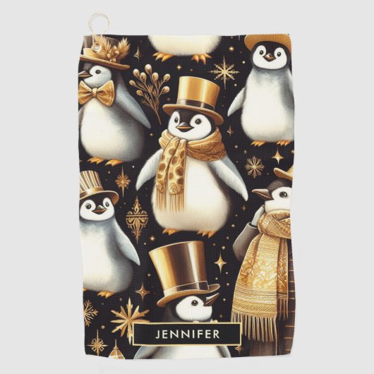 Zwarte en gouden pinguïn golfhanddoek (Voorkant)
