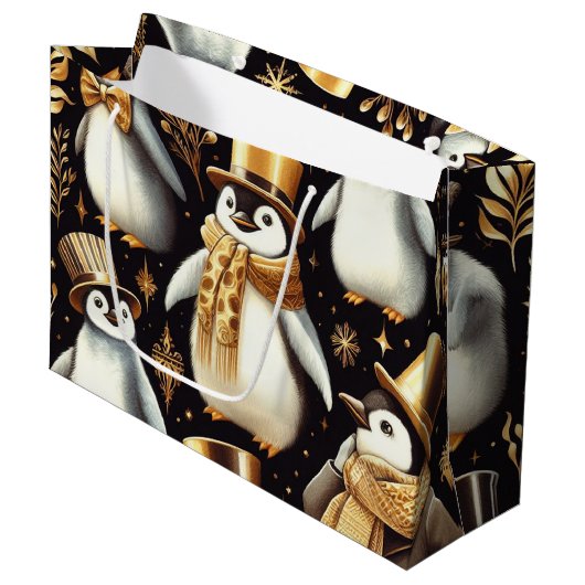 Zwarte en gouden pinguïn groot cadeauzakje (Voorkant Gekanteld)