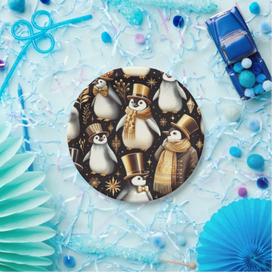 Zwarte en gouden pinguïn papieren bordje (Feest)