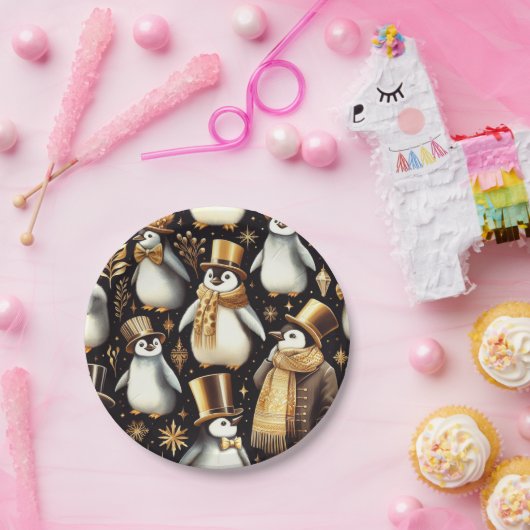 Zwarte en gouden pinguïn papieren bordje (Feest)