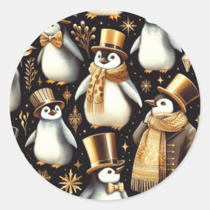 Zwarte en gouden pinguïn ronde sticker