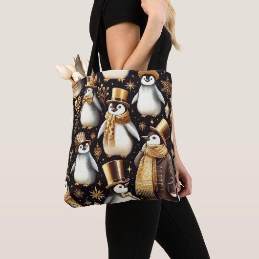 Zwarte en gouden pinguïn tote bag (Dichtbij)