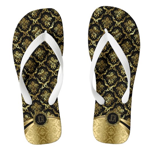 Zwarte en gouden platte maskers teenslippers (Voetbed)