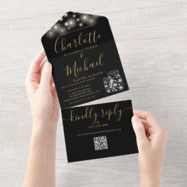 Zwarte en gouden QR-code metsonglazen lichten trou All In One Uitnodiging