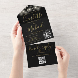 Zwarte en gouden QR-code metsonglazen lichten trou All In One Uitnodiging