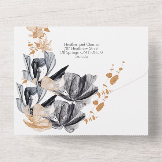 Zwarte en gouden rookbloemen all in one uitnodiging (Achterkant)