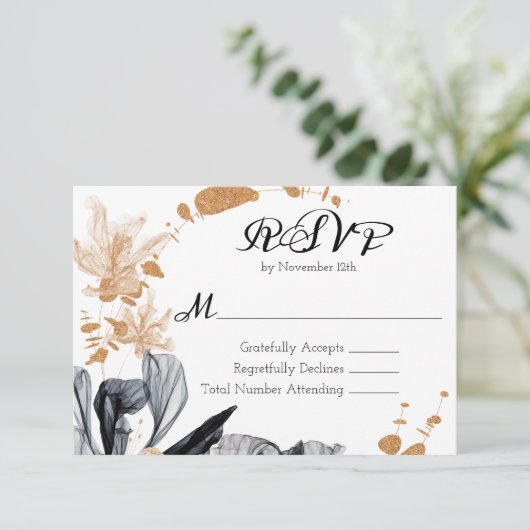 Zwarte en gouden rookbloemen Weddenschap RSVP Informatiekaartje (Staand voorkant)