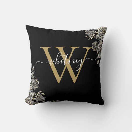 Zwarte en gouden rozen bloemendecor monogram schri kussen (Voorkant)