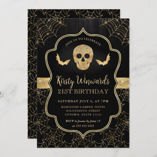 Zwarte en gouden schedel en spinnenwebben 21e verj kaart (Voorkant / Achterkant)