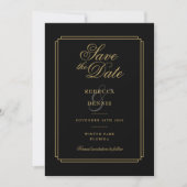 Zwarte en gouden script Art Deco foto trouwfoto Save The Date (Voorkant)