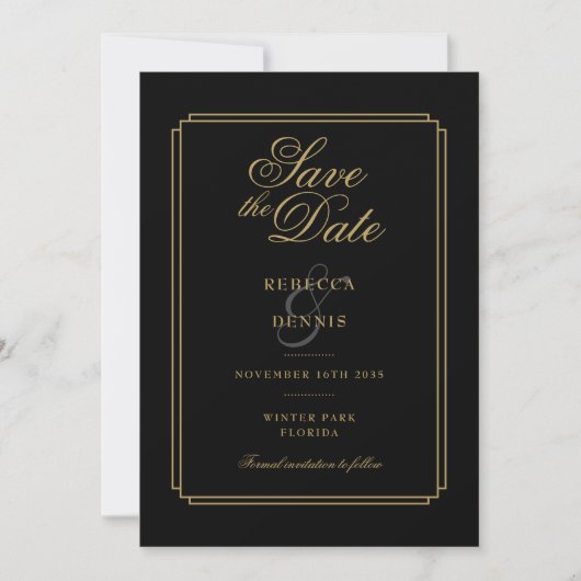 Zwarte en gouden script Art Deco foto trouwfoto Save The Date (Voorkant)