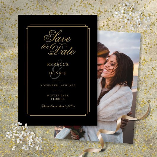Zwarte en gouden script Art Deco foto trouwfoto Save The Date
