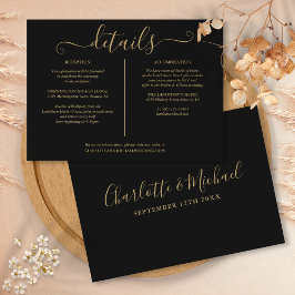 Zwarte en gouden script huwelijksdetails informati informatiekaartje