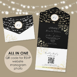 Zwarte en Gouden Slagroom Lichtjes QR Foto Bruilof All In One Uitnodiging