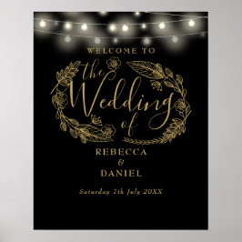 Zwarte en gouden slingerlichten huwelijks welkomst poster