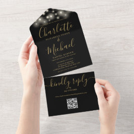 Zwarte en gouden slingerlichten QR-code bruiloft All In One Uitnodiging