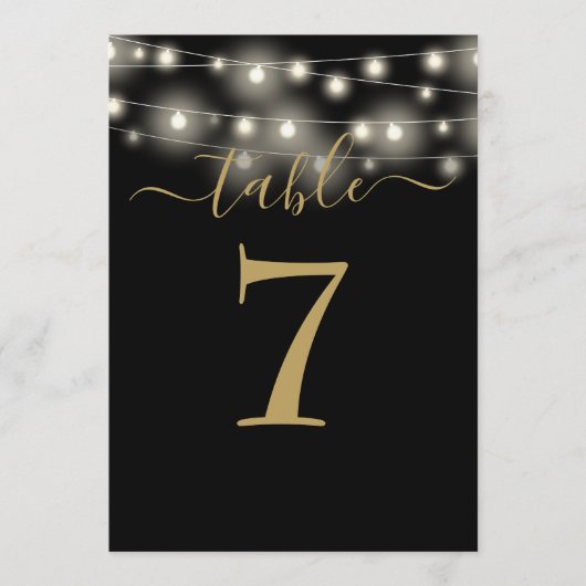 Zwarte En Gouden Slingerlichten Tafelnummer (Voorkant)