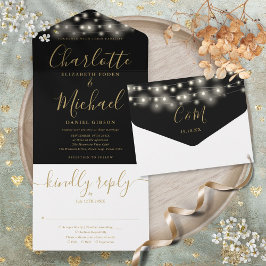 Zwarte En Gouden Slingerlichtjes Chic Script Bruil All In One Uitnodiging