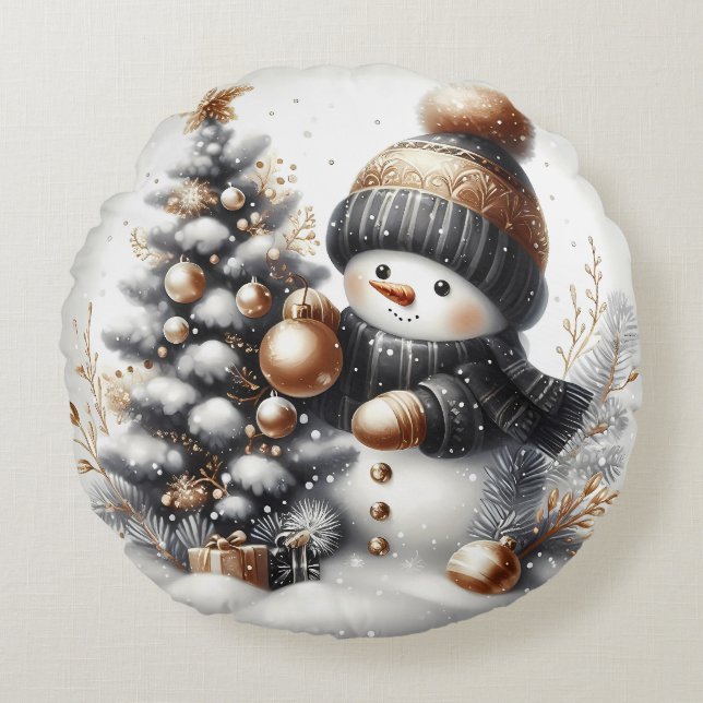 Zwarte en gouden sneeuwpop rond kussen (Voorkant)