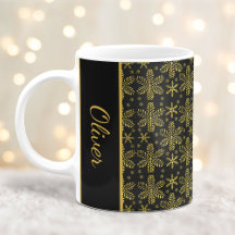 Zwarte en gouden sneeuwvlokken Kerstmug met naam