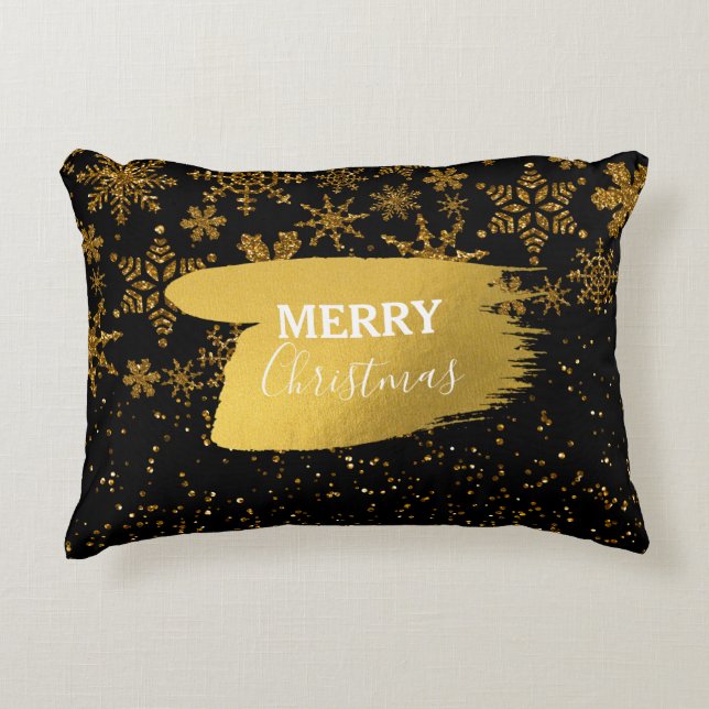 Zwarte en gouden snowflakes Stars Merry Kerstmis Accent Kussen (Voorkant)