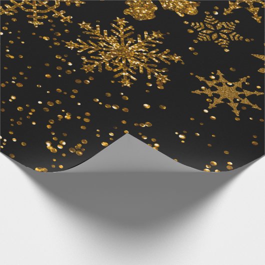 Zwarte en gouden snowflakes Stars Merry Kerstmis Cadeaupapier (Hoek)