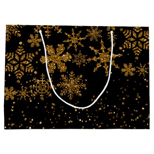 Zwarte en gouden snowflakes Stars Merry Kerstmis Groot Cadeauzakje (Achterkant)