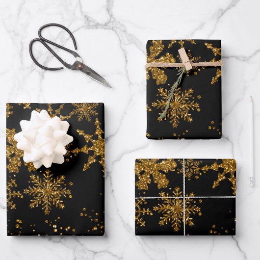 Zwarte en gouden snowflakes Stars Merry Kerstmis Inpakpapier Vel (Voorkant)